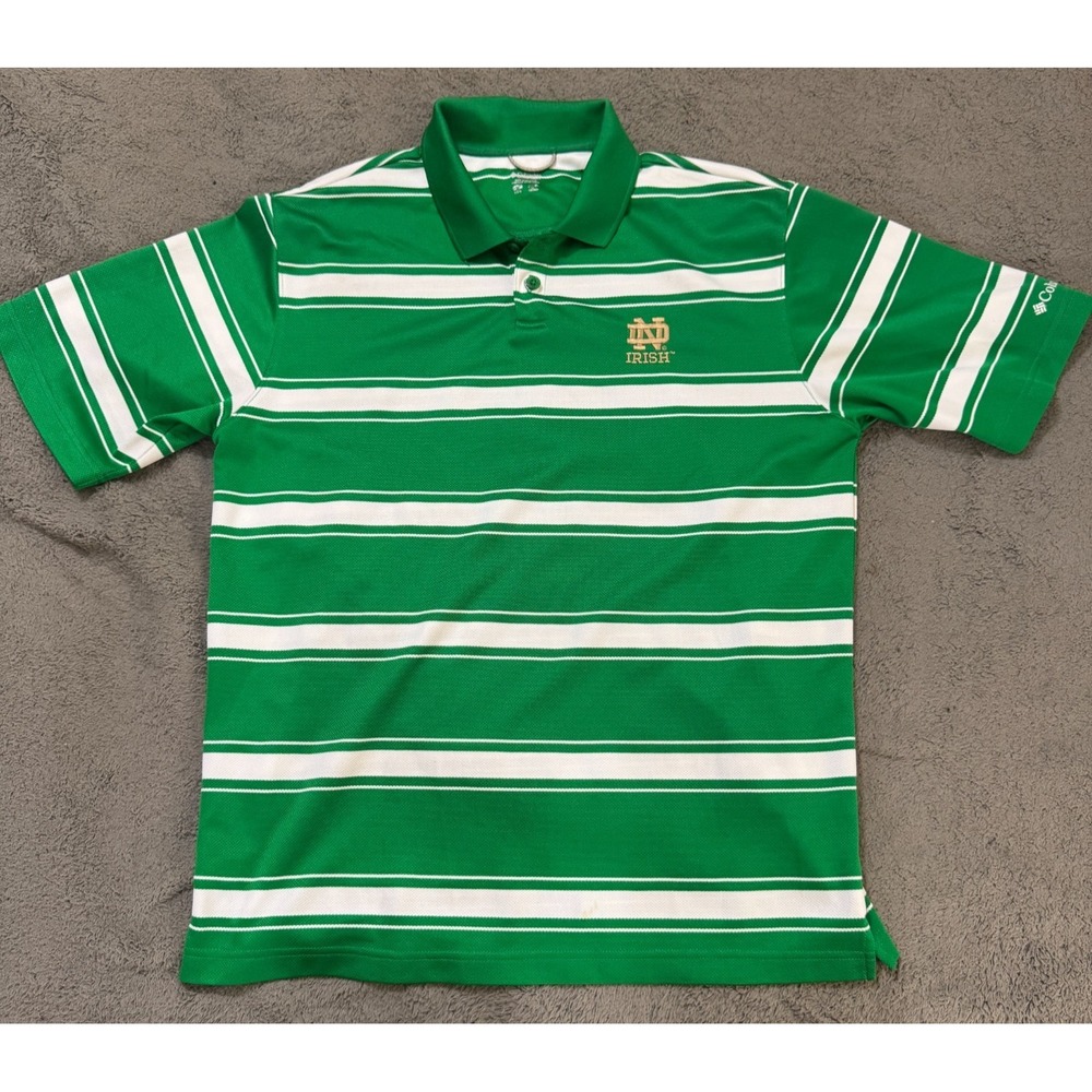 Columbia Notre Dame Golf Shirt Mens M Green White Striped Logo Polo Stretch